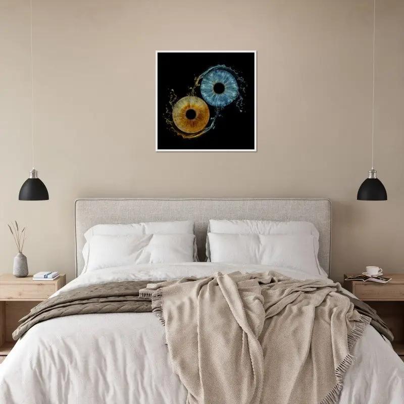 Iris framed poster above bed in modern bedroom
