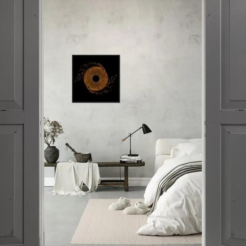 Elegant room with custom iris art in black frame on wall