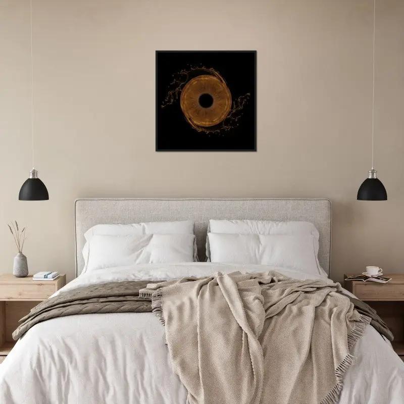 Iris framed poster displayed above bed in modern bedroom