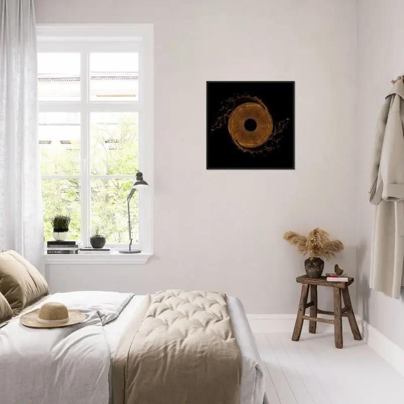 Stylish bedroom decor featuring custom iris framed poster
