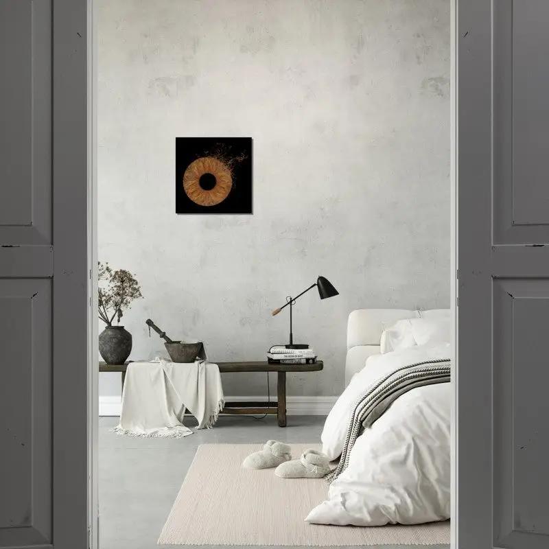 Stylish bedroom decor featuring custom iris canvas art