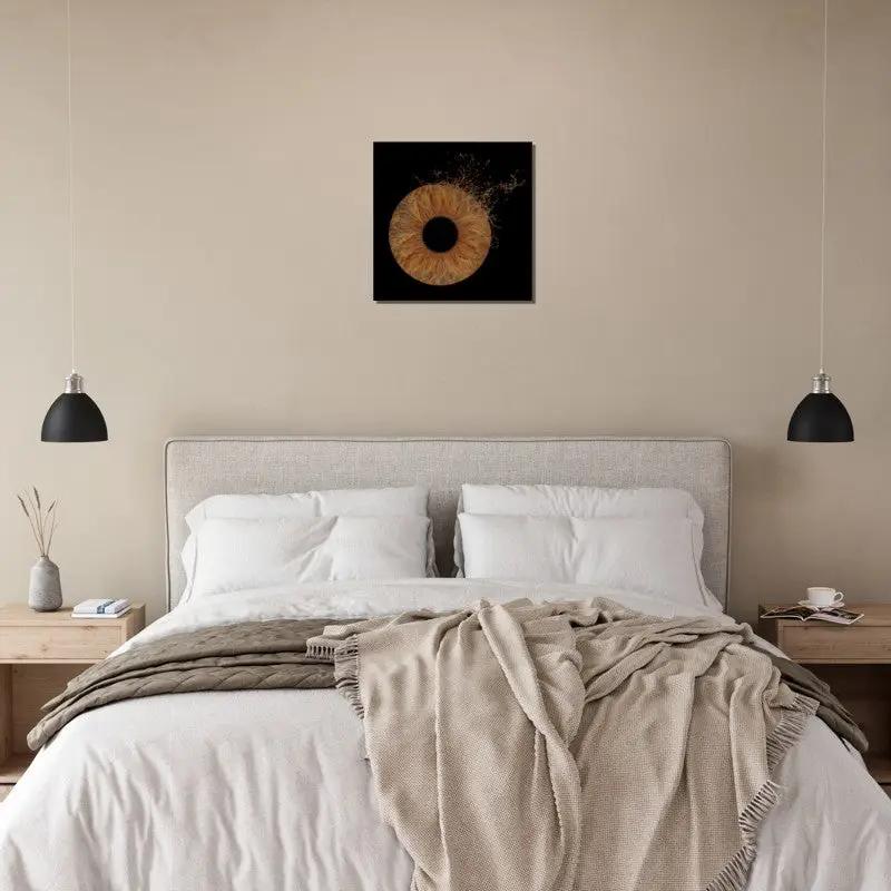 Elegant bedroom with personalized iris canvas wall art