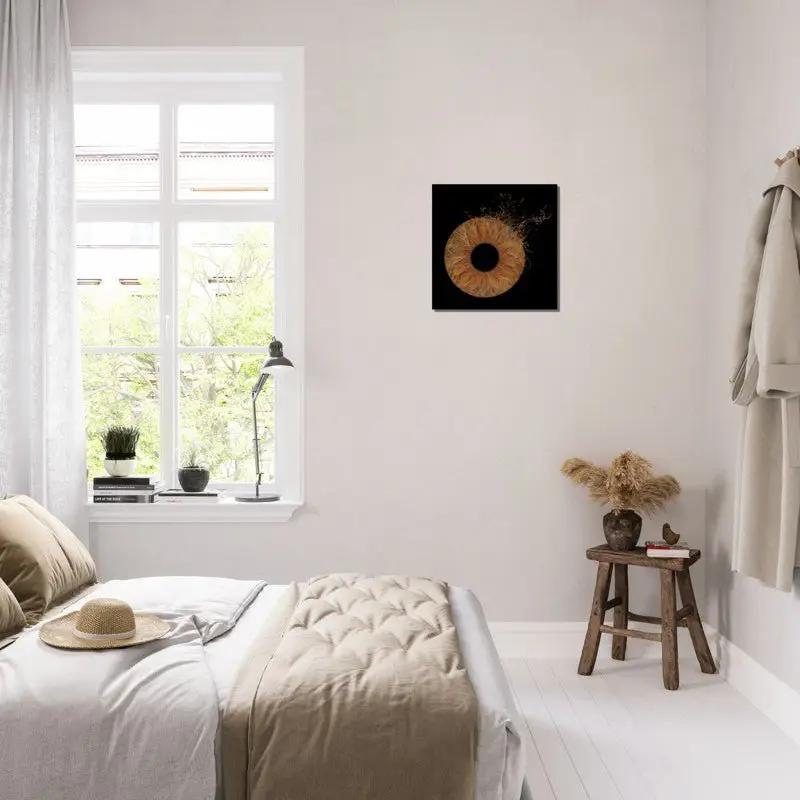 Iris canvas art displayed in modern bedroom setting