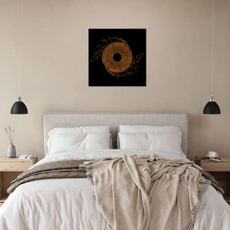 Iris Poster displayed above bed in modern bedroom