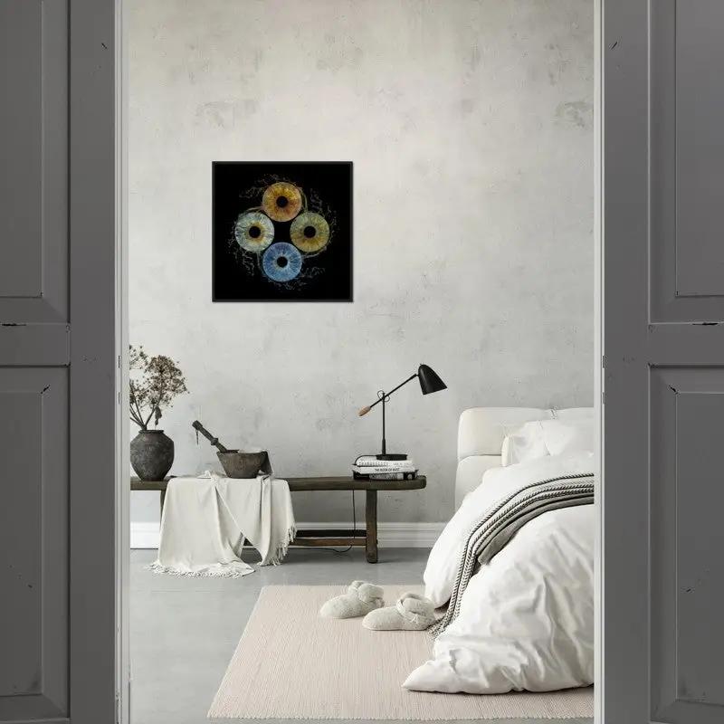 Framed iris art in a minimalist bedroom setting