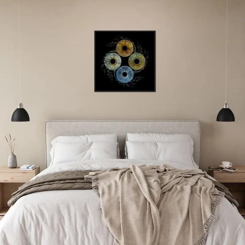 Iris framed poster displayed above a bed