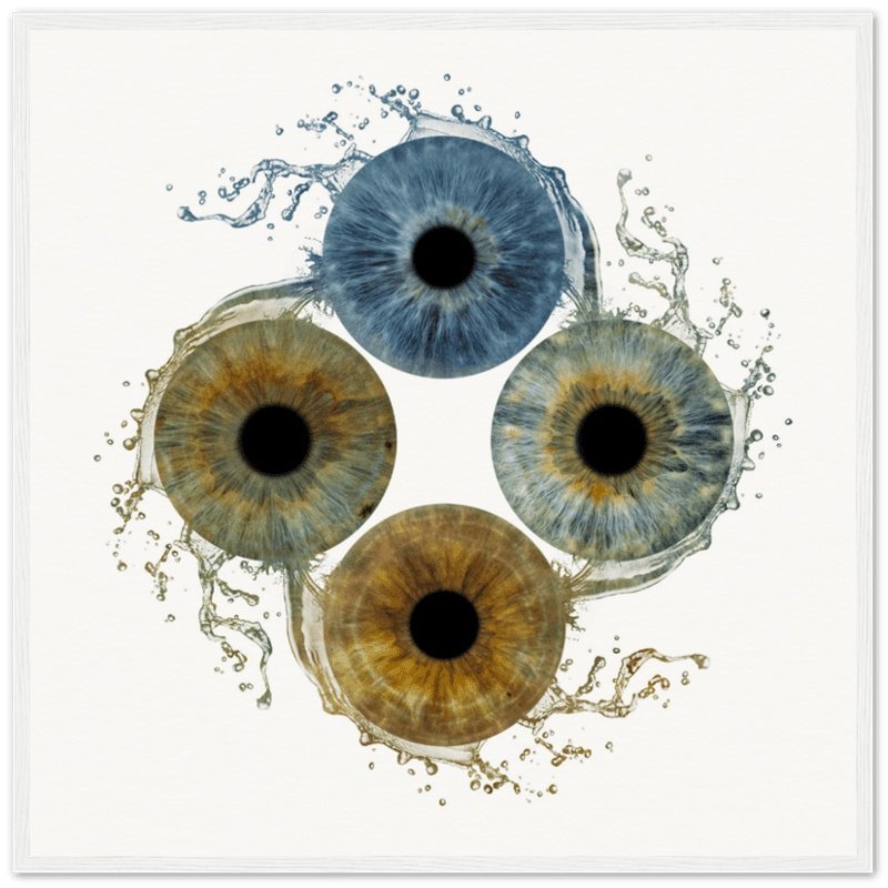 Custom quartet iris poster with white frame on black background