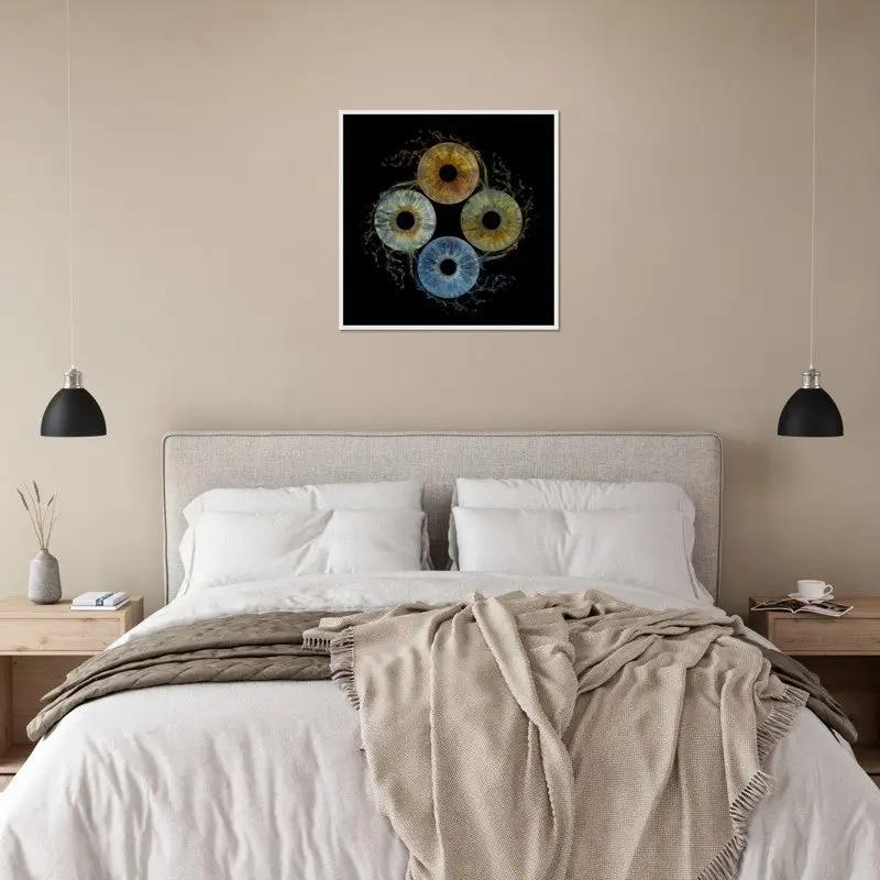 Framed iris poster above bed in modern bedroom