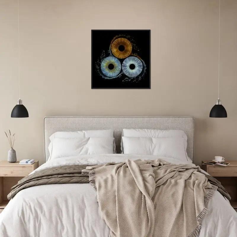 Iris Framed Poster above bed in modern bedroom