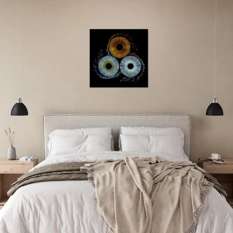 Trio Iris Poster displayed above bed in modern bedroom