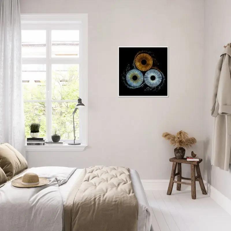 Trio iris framed poster in bright bedroom setting