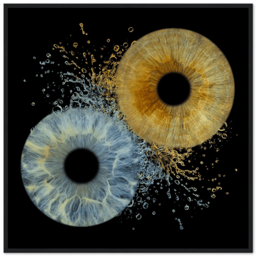Two eye-like patterns with water droplets on a black background
