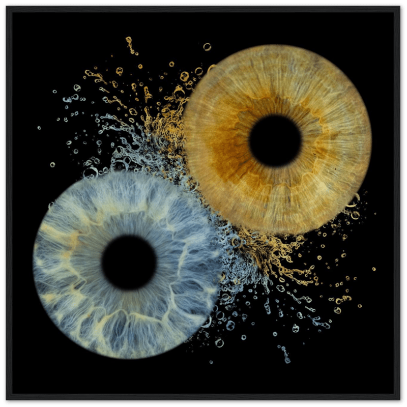 Two eye-like patterns with water droplets on a black background