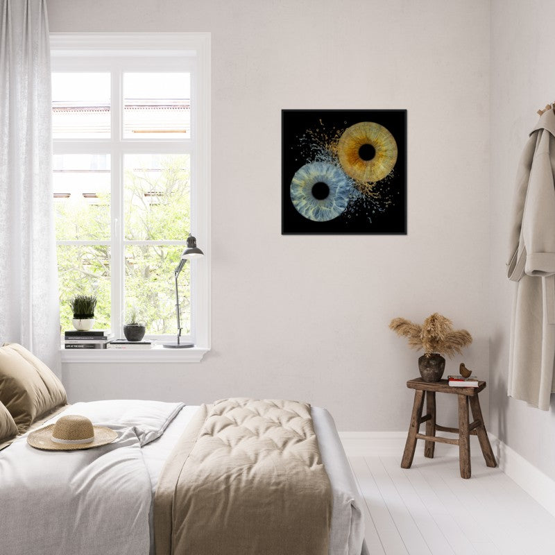 Modern bedroom with a abstract art piece on the wall