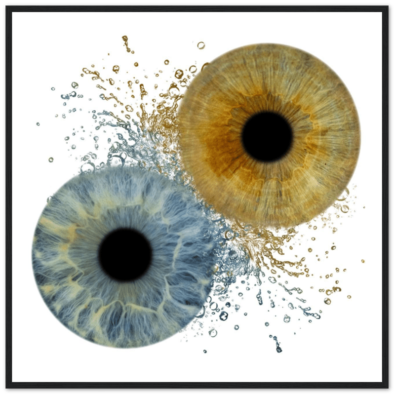 Two eye-like patterns with water droplets on a black background