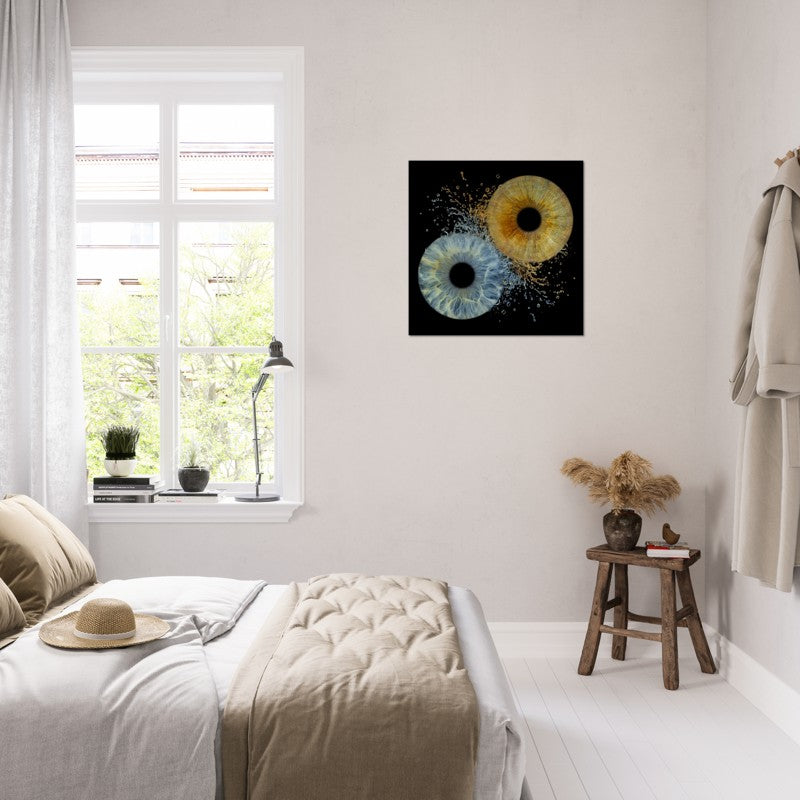Modern bedroom with a abstract art piece on the wall