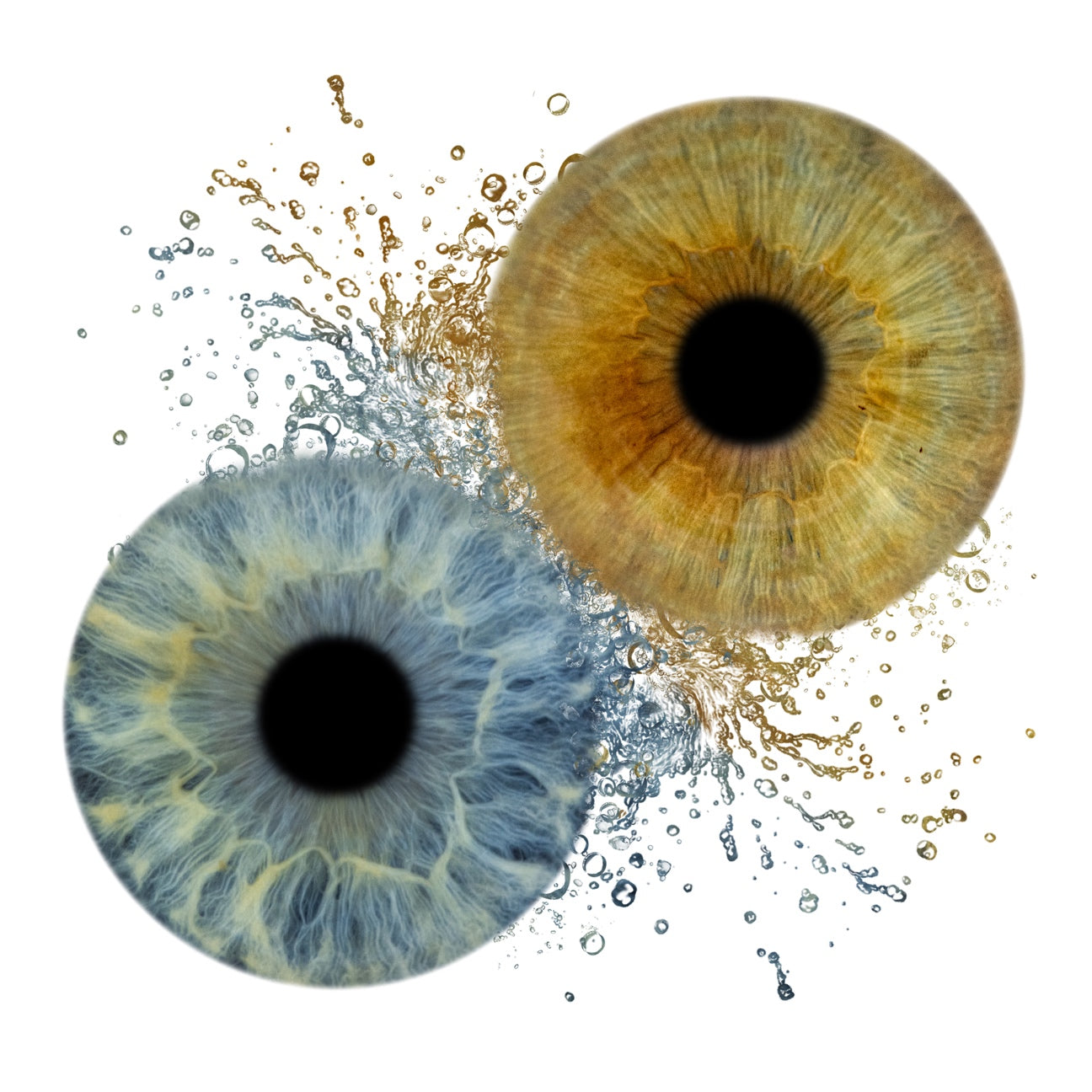 Two eye-like patterns, one blue and one brown, with water splash effects on a white background.