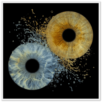 Two eye-like patterns with water droplets on a black background