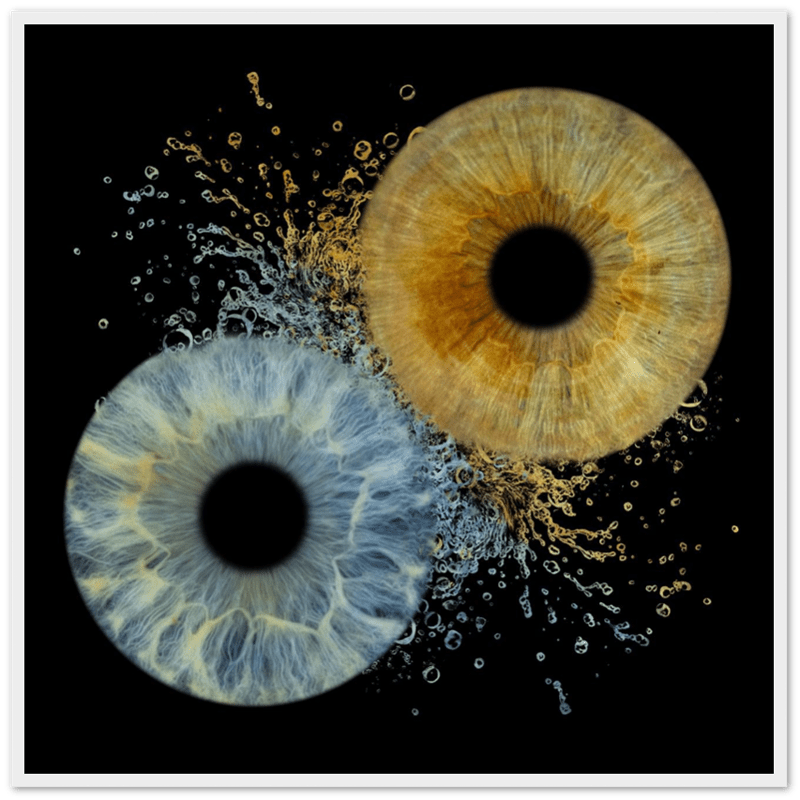 Two eye-like patterns with water droplets on a black background