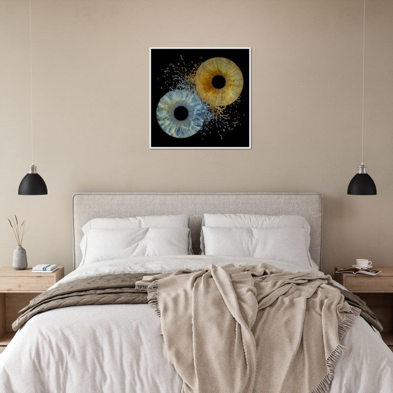 Bedroom with a bed, nightstands, and abstract wall art.