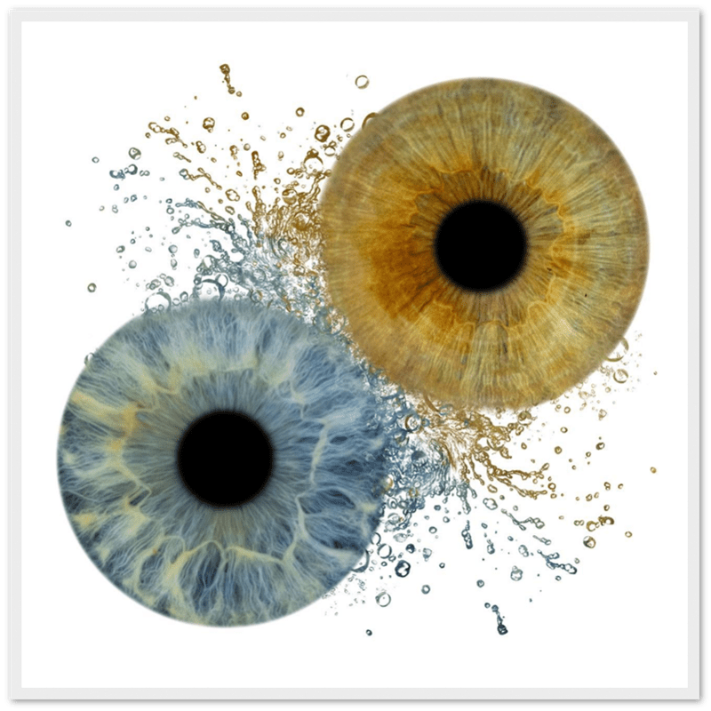 Two eye-like patterns with water droplets on a black background