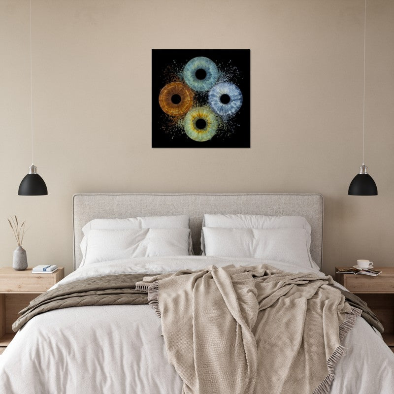 Bedroom with a bed, nightstands, and abstract wall art.