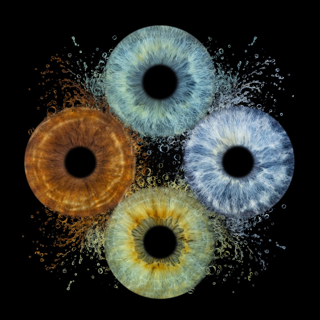 Four colorful eye-like patterns on a black background