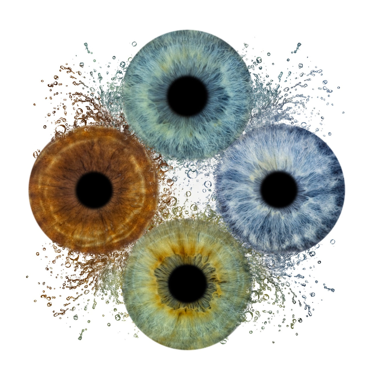 Four stylized eye designs in different colors on a white background