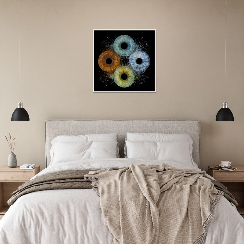 Bedroom with a bed, nightstands, and a wall art piece above the bed.