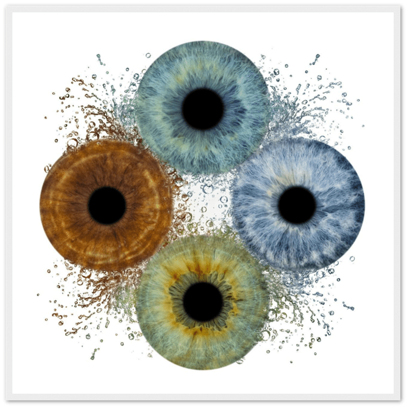 Four multicolored eye-like patterns on a white background