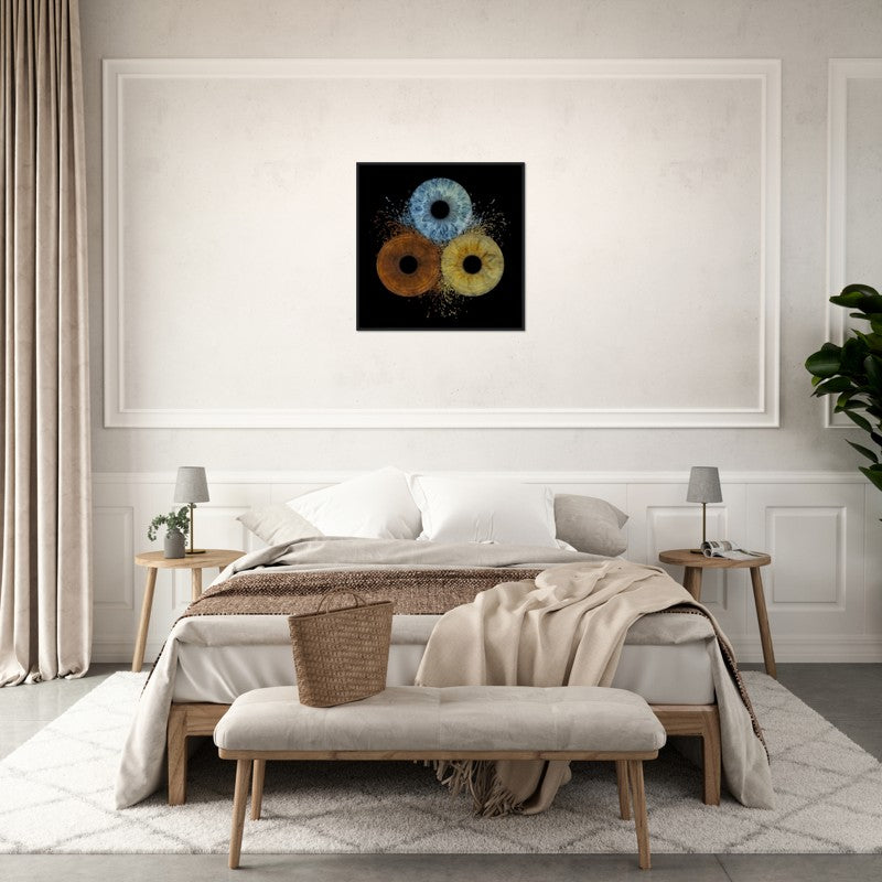 Modern bedroom with abstract art on the wall