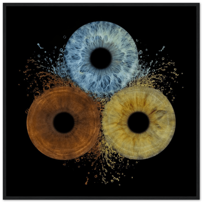 Three circular patterns in blue, orange, and yellow on a black background