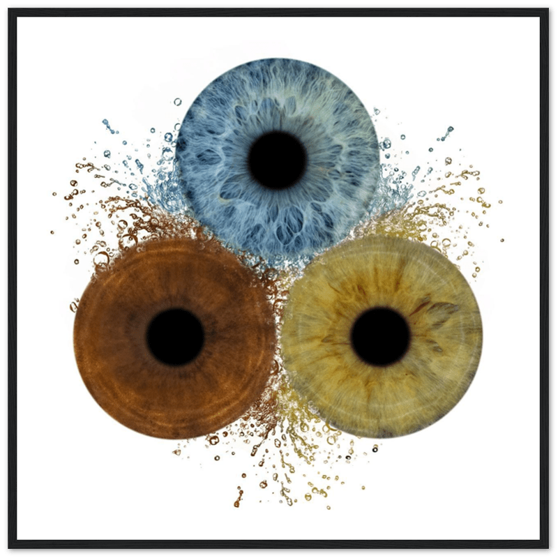 Three abstract eye-like designs in blue, brown, and yellow on a white background.
