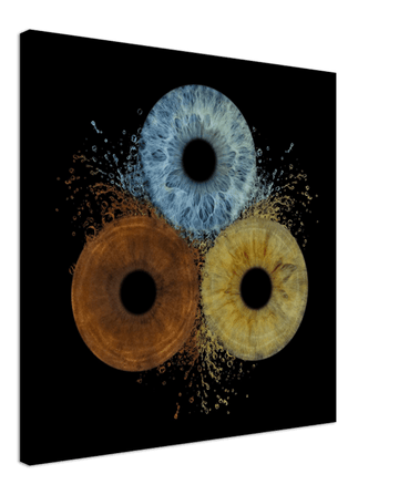 Abstract art of three circular shapes in blue, orange, and yellow on a black background
