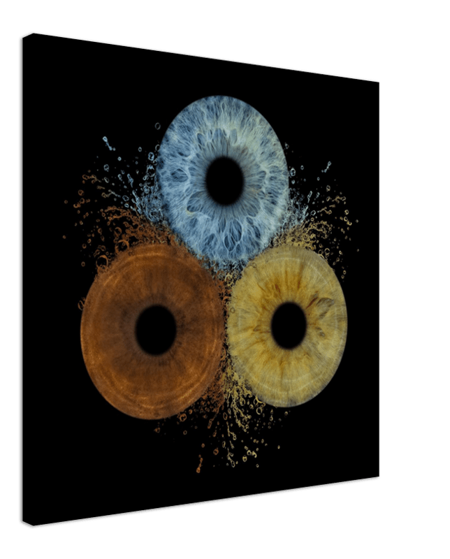 Abstract art of three circular shapes in blue, orange, and yellow on a black background