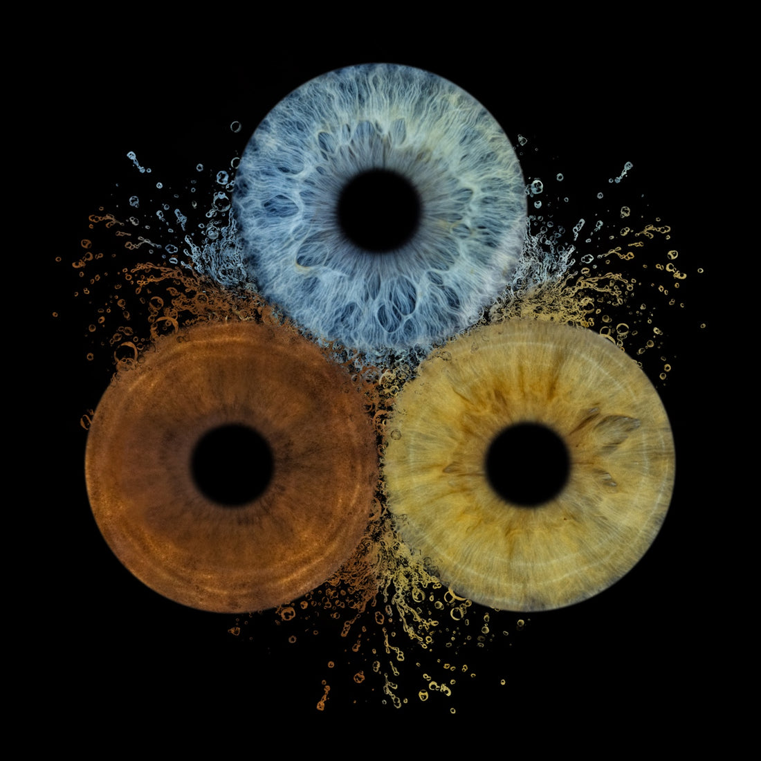 Three circular patterns in blue, orange, and yellow on a black background