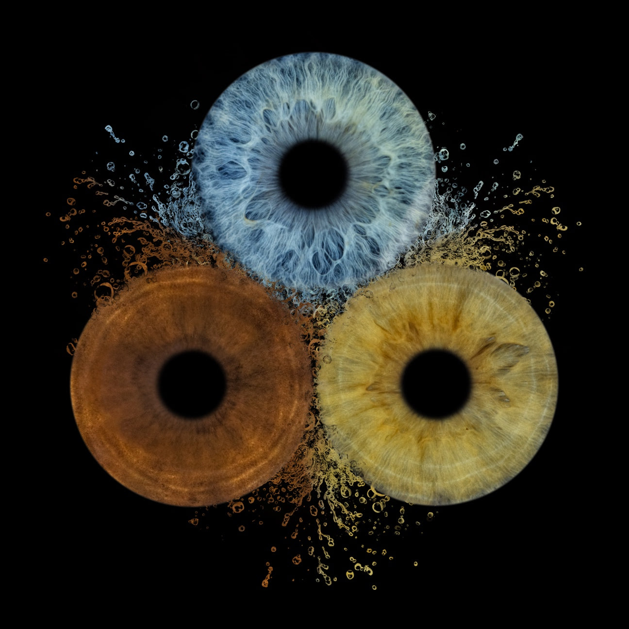 Three circular patterns in blue, orange, and yellow on a black background