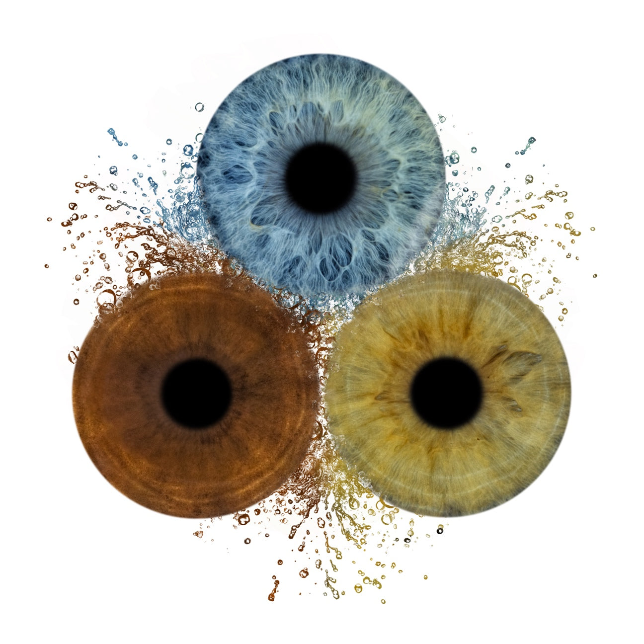 Three stylized eye designs in blue, brown, and green on a white background