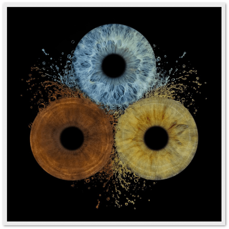 Three circular patterns in blue, orange, and yellow on a black background