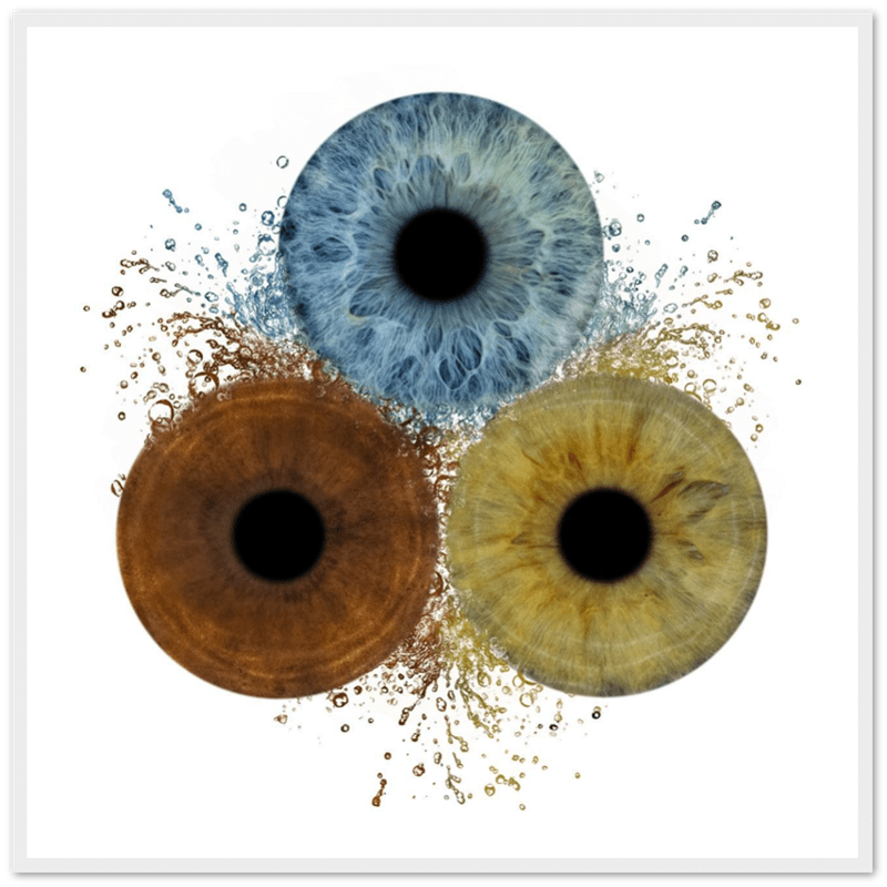 Three abstract eye-like designs in blue, brown, and yellow on a white background