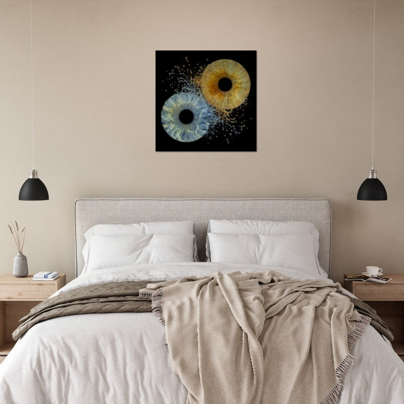 Bedroom with a bed, nightstands, and abstract wall art.