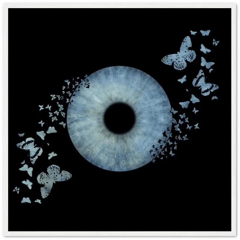 Custom iris white framed poster with butterfly design on black background