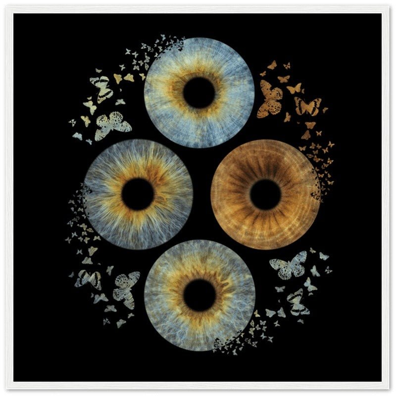 Custom quartet iris poster with butterfly accents on black