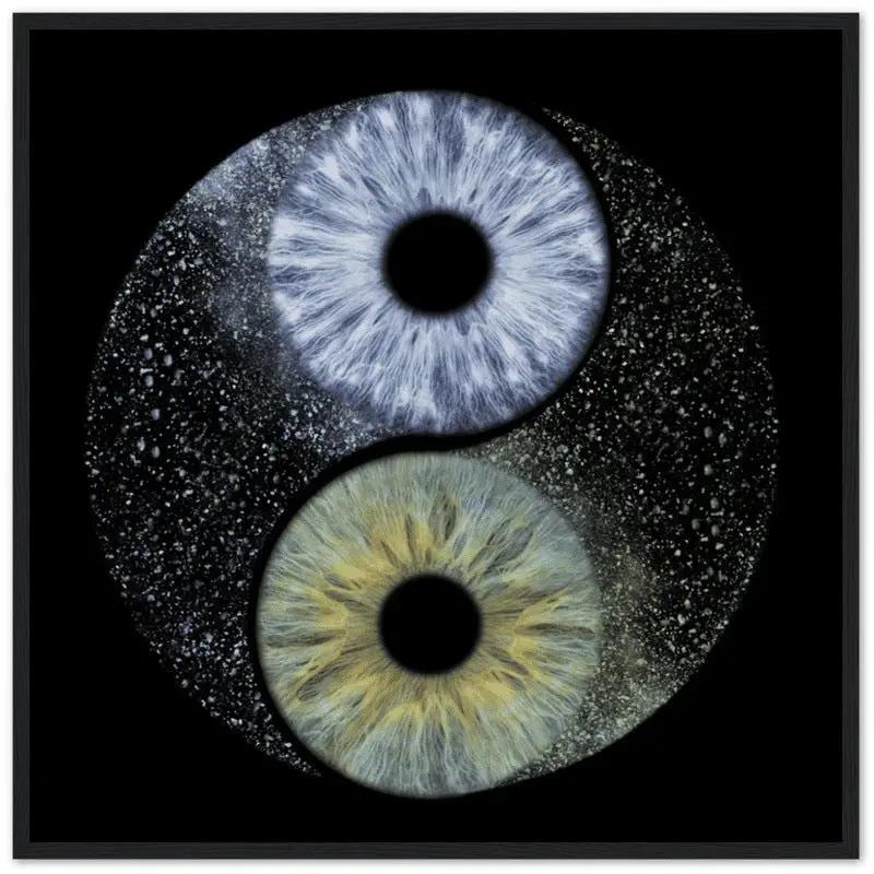 Custom black framed duo iris print with yin-yang design