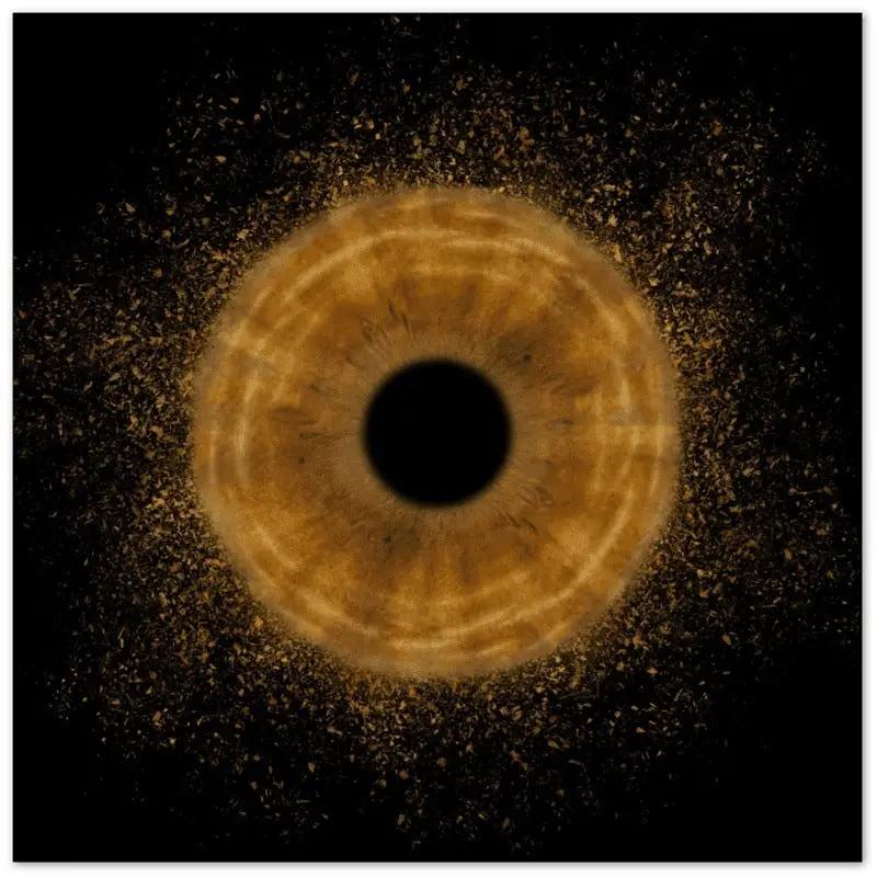 Textured iris canvas art with radiant gold effect on black