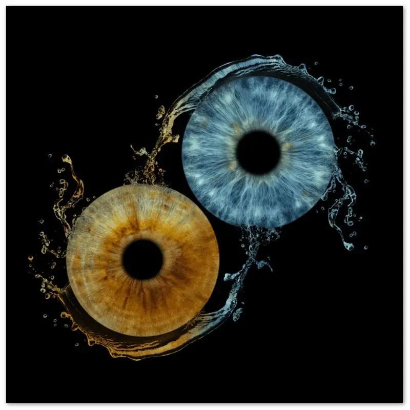 Custom Duo Iris Premium Poster with blue and brown irises on black