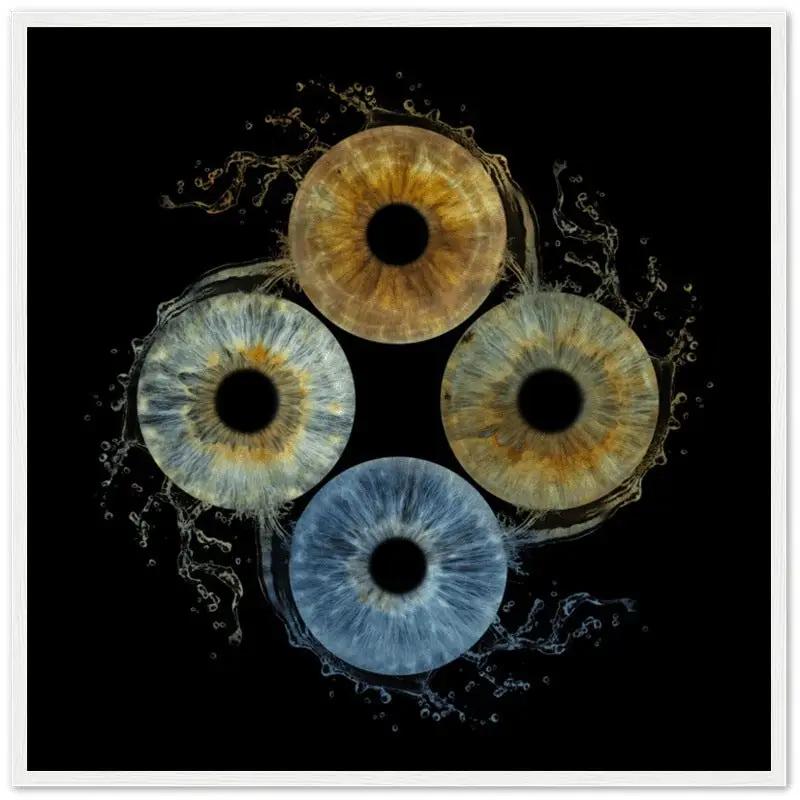 Custom quartet iris poster with white frame on black background